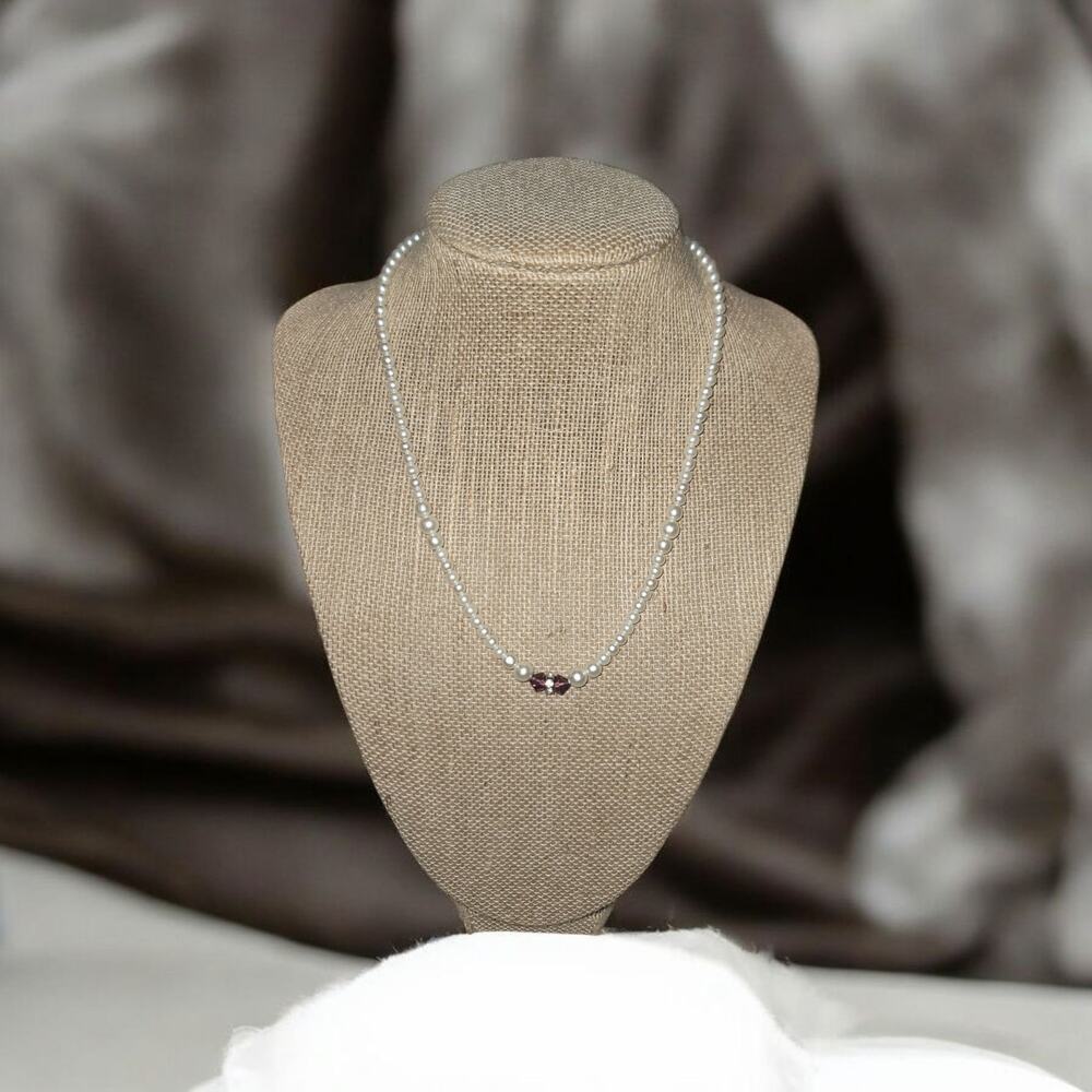 Dainty Faux Pearl Necklace with Faux Amethyst